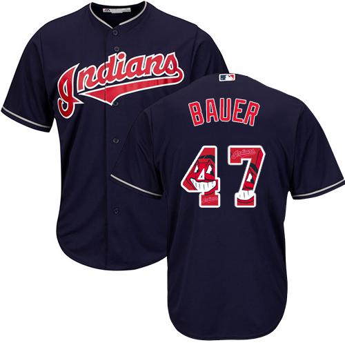 Indians #47 Trevor Bauer Navy Blue Team Logo Fashion Stitched MLB Jersey